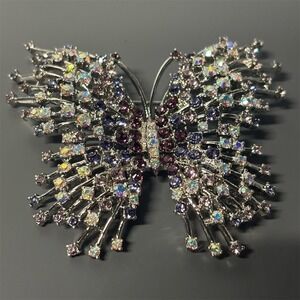 Nolan Miller Butterfly Brooch Silver Tone Rhinestone Crystal Aurora Borealis